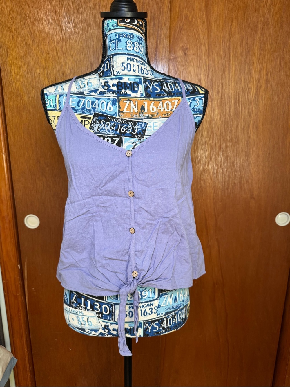 Bécool Blue Purple Button-Front Tie-Detail Camisole